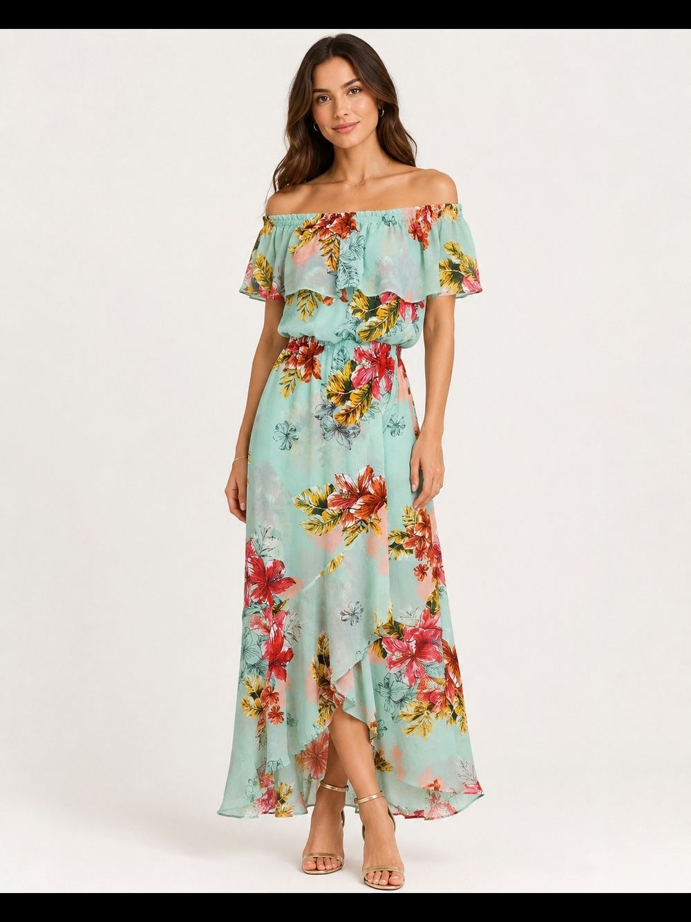 Express Womens Aqua Off-Shoulder Short Sleeve Floral Maxi Dress Size XS